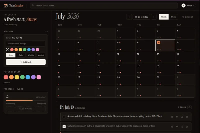 TodoLander's calendar dashboard with color-tagged tasks and a daily progress tracker